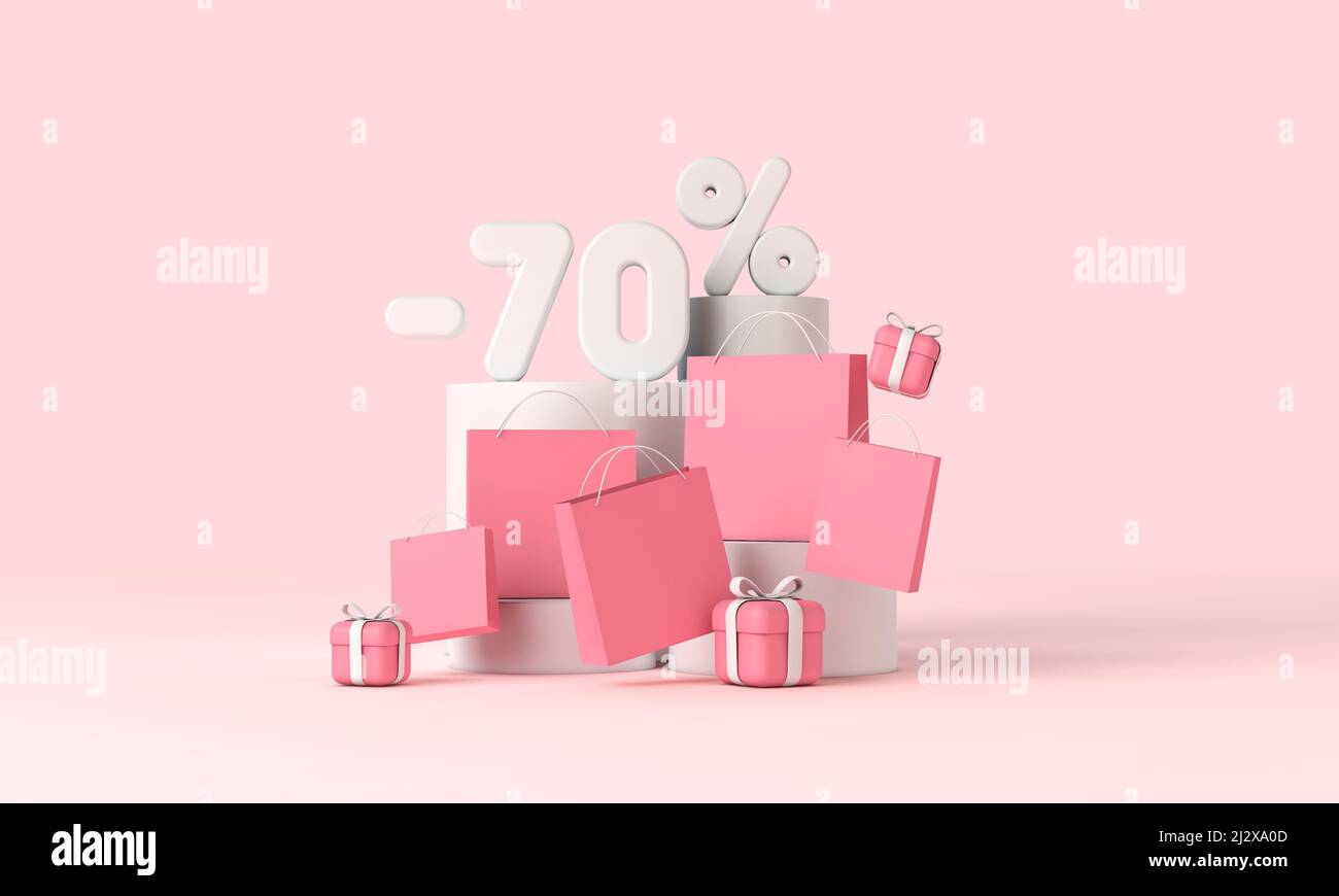 Online-Shopping-Rabatt-Banner mit Papiertüten und Geschenken. 3D Rendering Stockfoto