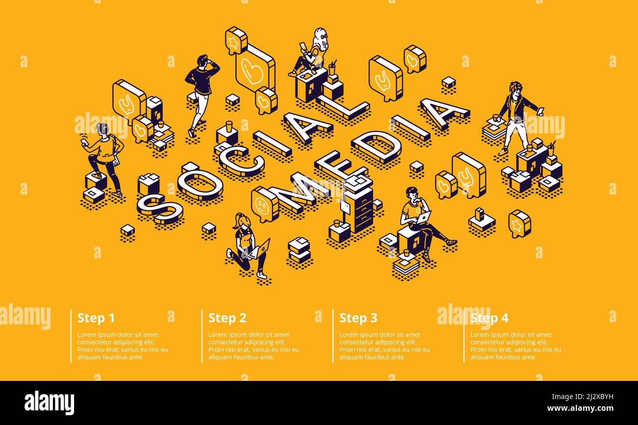 Social Media isometrische Infografik Konzept mit winzigen Zeichen mit Gadgets, arbeiten am Computer, kommunizieren und chatten in Internet-Netzwerken arou Stock Vektor