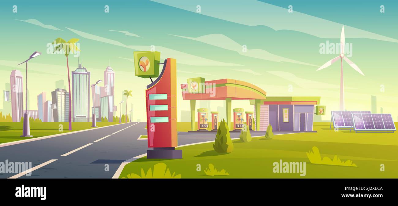 Eco Tankstelle, Green City Auto Betankung Service, umweltfreundliche Tankstelle mit Windmühlen, Sonnenkollektoren, Gebäude und Preisanzeige, Stadtfahrzeug Stock Vektor
