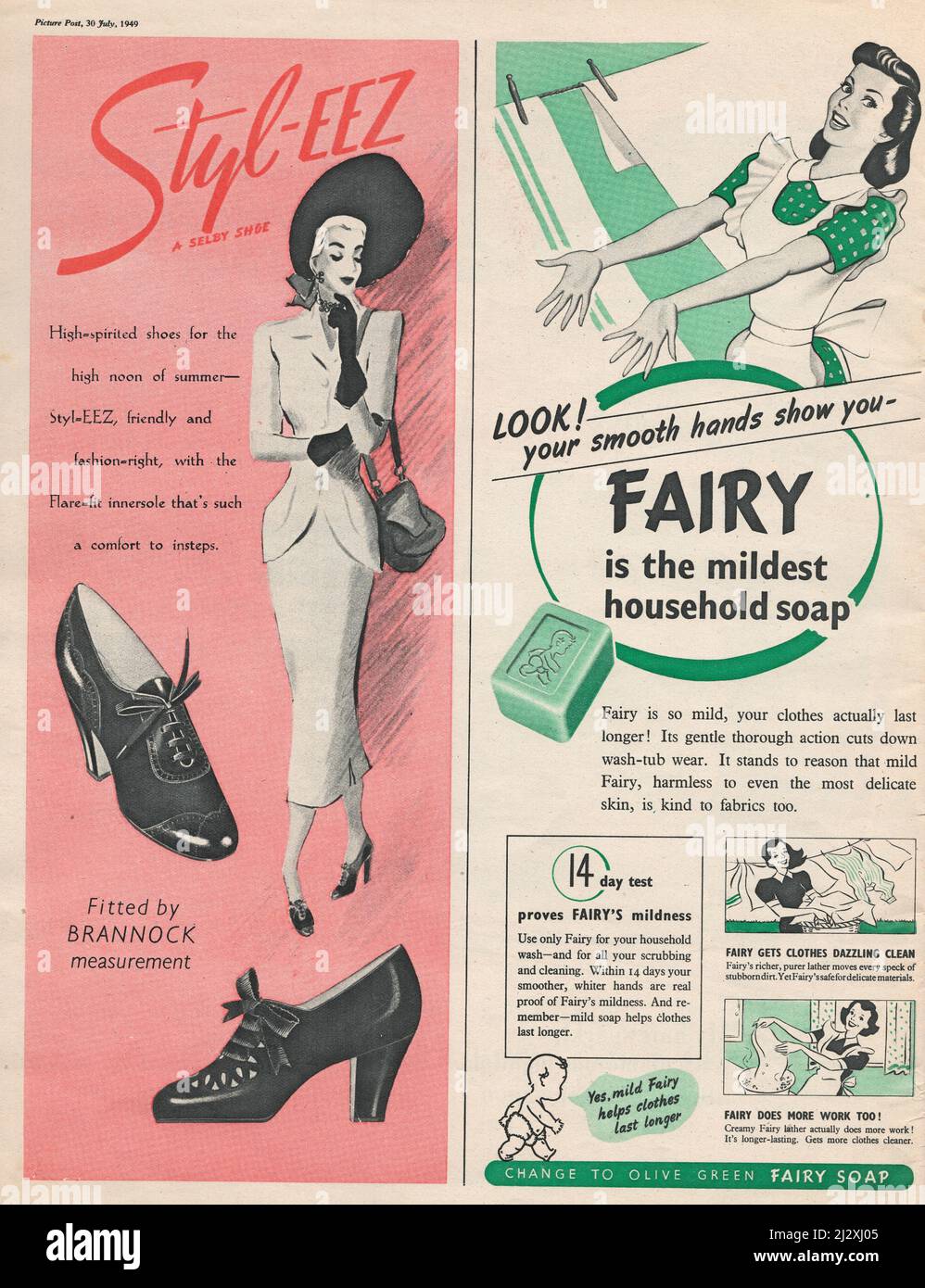 Werbespot aus Vintage-Papier Werbung für Fairy Seife Brannock selby Schuhe Style-awz 1940s 40 englische Picture post Vintage Frau Schuhe Stockfoto
