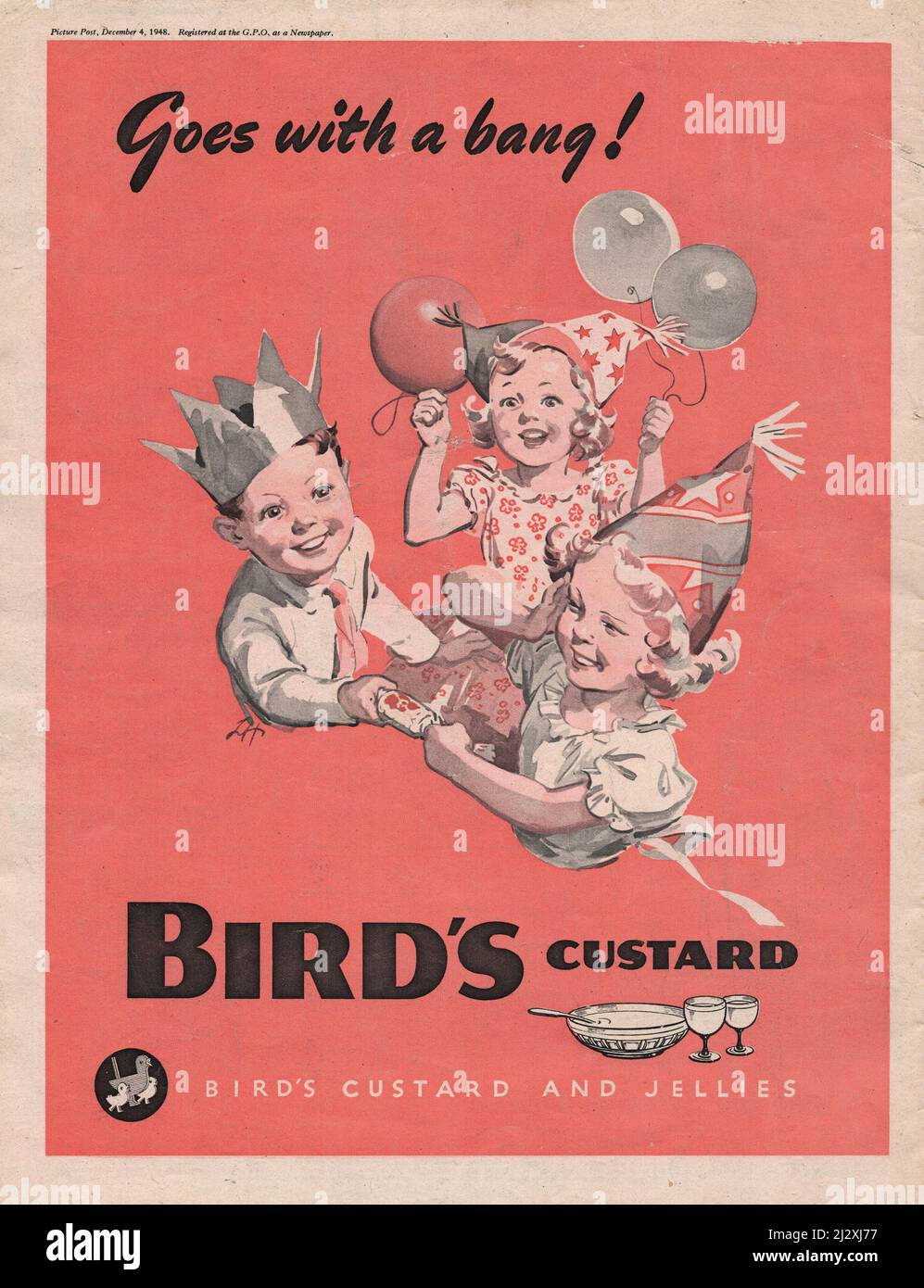Werbespot aus Vintage-Papier von Birds Custard und Jellies 1940s 40 englische Bildpost Kinder, die während der Geburtstagsfeier mit dem Balloon spielen Stockfoto