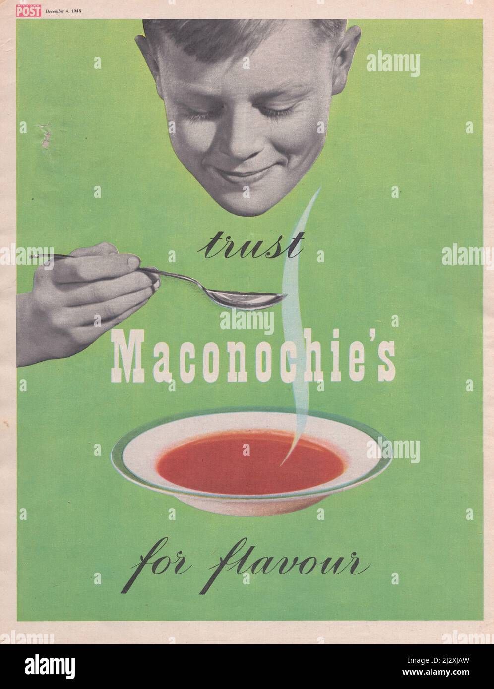 Werbespot aus Vintage-Papier für Maconochies-Suppen 1940s 40 englischer Bildpost Stockfoto
