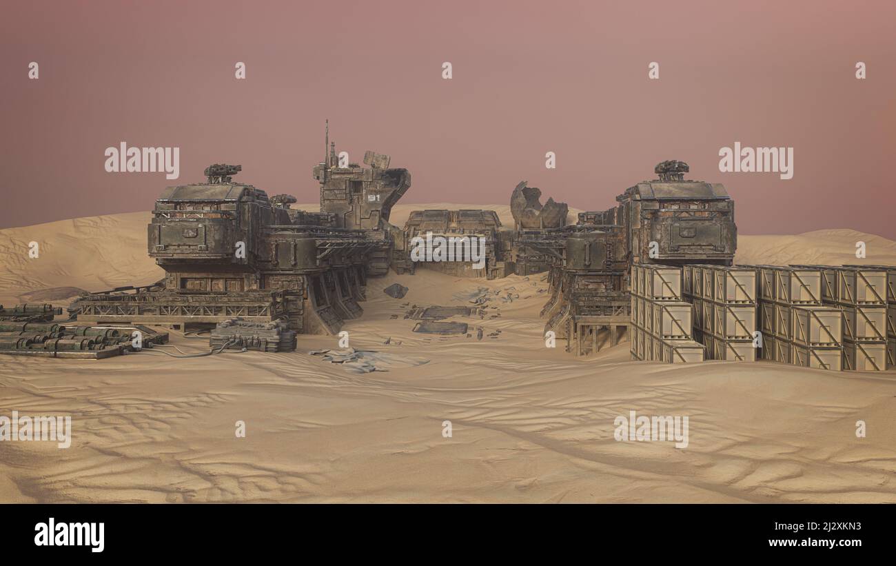 Verlassene außerirdische Außenposten in einer Wüstenlandschaft. Sci-Fi Fantasy Concept 3D Rendering.Space Fantasy Stockfoto
