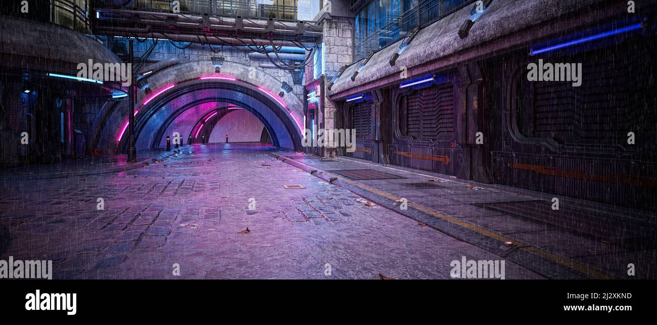 Filmische Panoramaansicht einer dunklen futuristischen Cyberpunk-Stadt in der Innenstadt im Regen. 3D Abbildung. Stockfoto