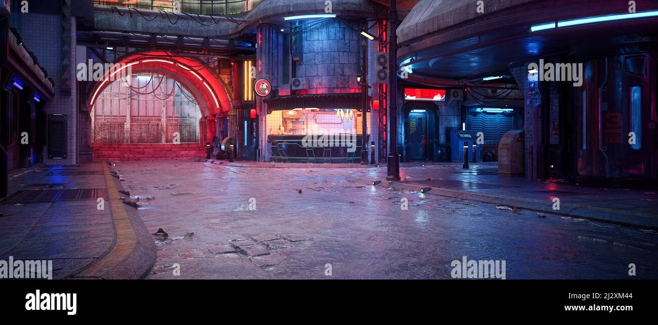 Das panoramische Cyberpunk-Konzept 3D ist eine futuristische Straße in einem zwielichtigen Stadtgebiet in der Innenstadt. Stockfoto