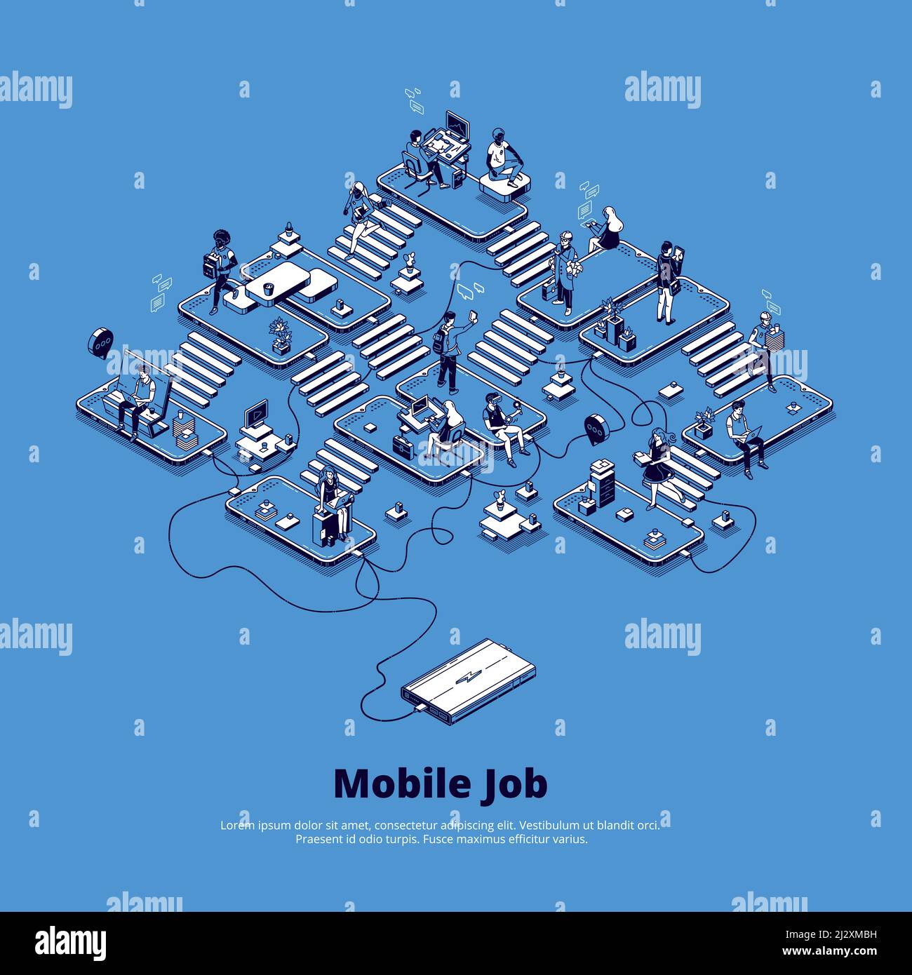 Banner für mobile Jobs. Konzept des Online-Geschäfts per Telefon, Karriere im digitalen Bereich, Mobile Marketing und Netzwerk. Vektor-isometrische Abbildung mit pe Stock Vektor