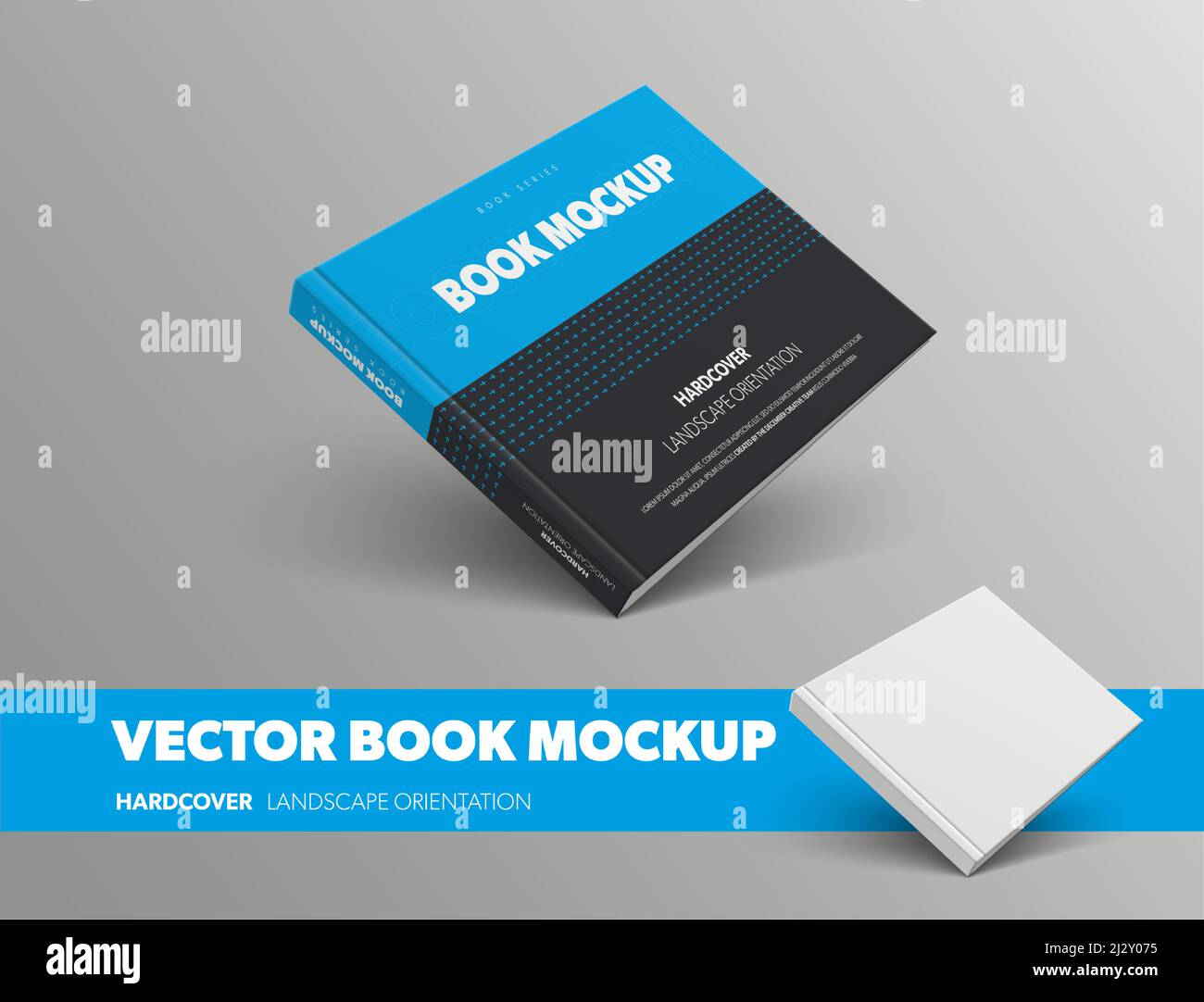 Modell eines geschlossenen Vektorbuches, mit abstraktem Muster in blauer und schwarzer Farbe, Hardcover-Landschaftsausrichtung, isoliert auf grauem Hintergrund. Standard-si Stock Vektor