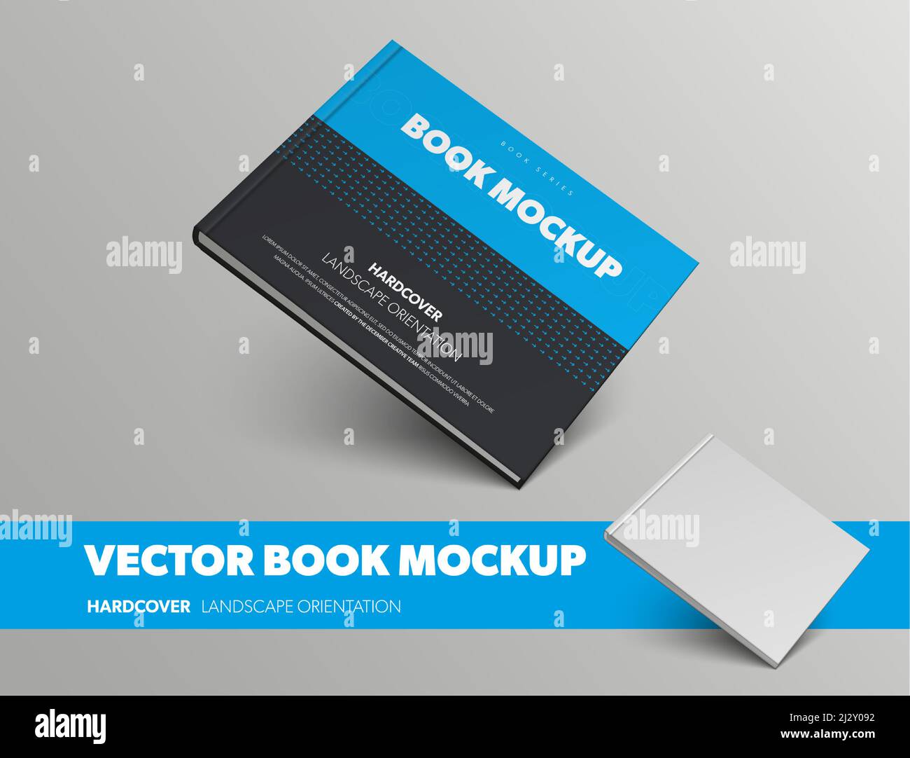 Realistische Vektor-Buchvorlage, mit abstraktem Muster, in blauem und schwarzem Hardcover, für Präsentationsgestaltung. Nachbau eines weißen Objekts in Standardgröße Stock Vektor