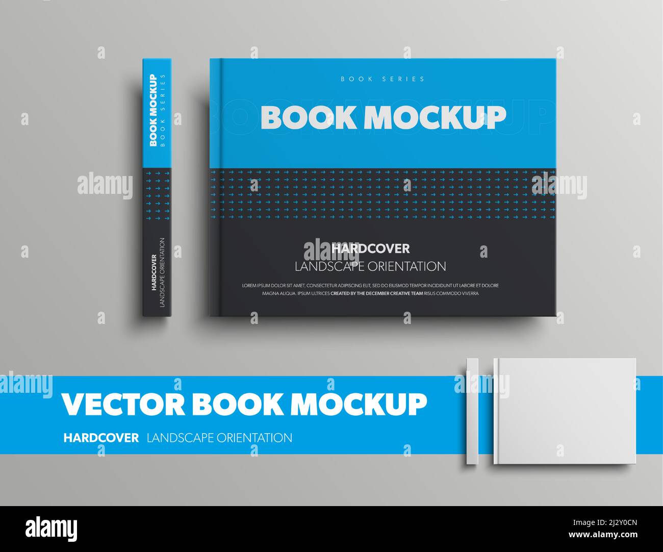 Modell eines Vektorbuches mit abstraktem Muster, in blauer und schwarzer Farbe, für Präsentationsgestaltung. Weiße Landschaftsvorlage mit Hardcover isoliert auf Bac Stock Vektor