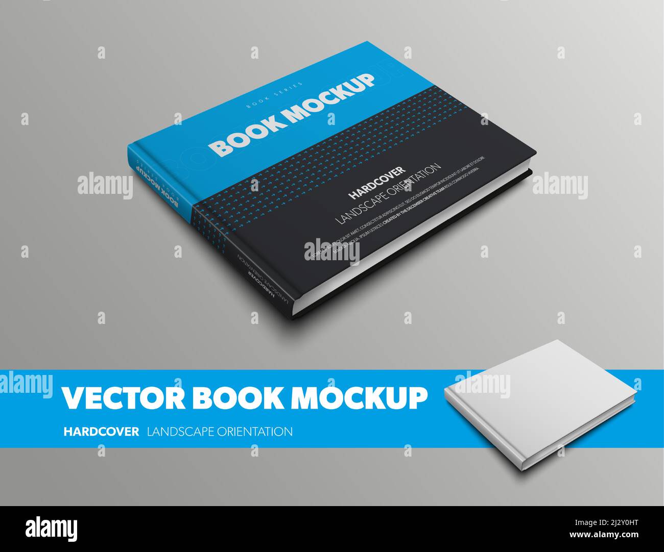 Modell eines geschlossenen Buches in blau und schwarz mit einem abstrakten Muster, isoliert auf einem grauen Hintergrund. Hardcover Vektor Landschaft Vorlage für Design Prese Stock Vektor