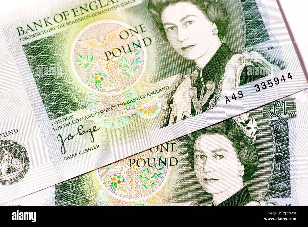 Alte £1 (1 Pfund) Note. Detailansicht der alten britischen £1-Note. Die Note wurde 1988 zurückgezogen, da sie nicht mehr als gesetzliches Zahlungsmittel gilt oder in Umlauf ist. Stockfoto