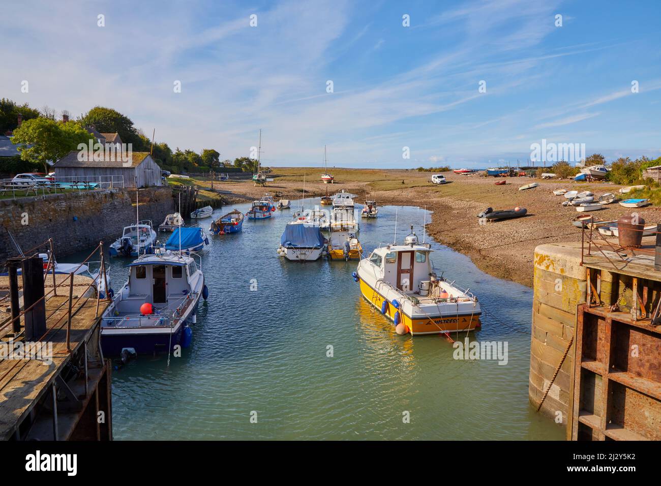 Boote im Hafen, Porlock Weir, Somerset Stockfoto