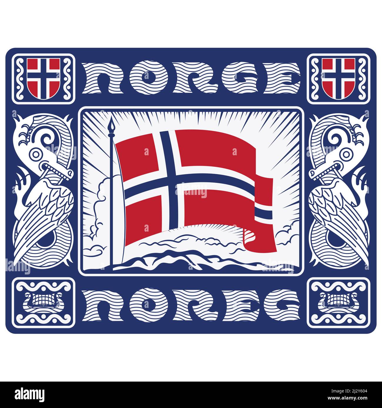 Skandinavisches Design. Norwegenfahne in den Strahlen der aufgehenden Sonne, dekorativer Rahmen mit Drachen im altnordischen Stil Stock Vektor