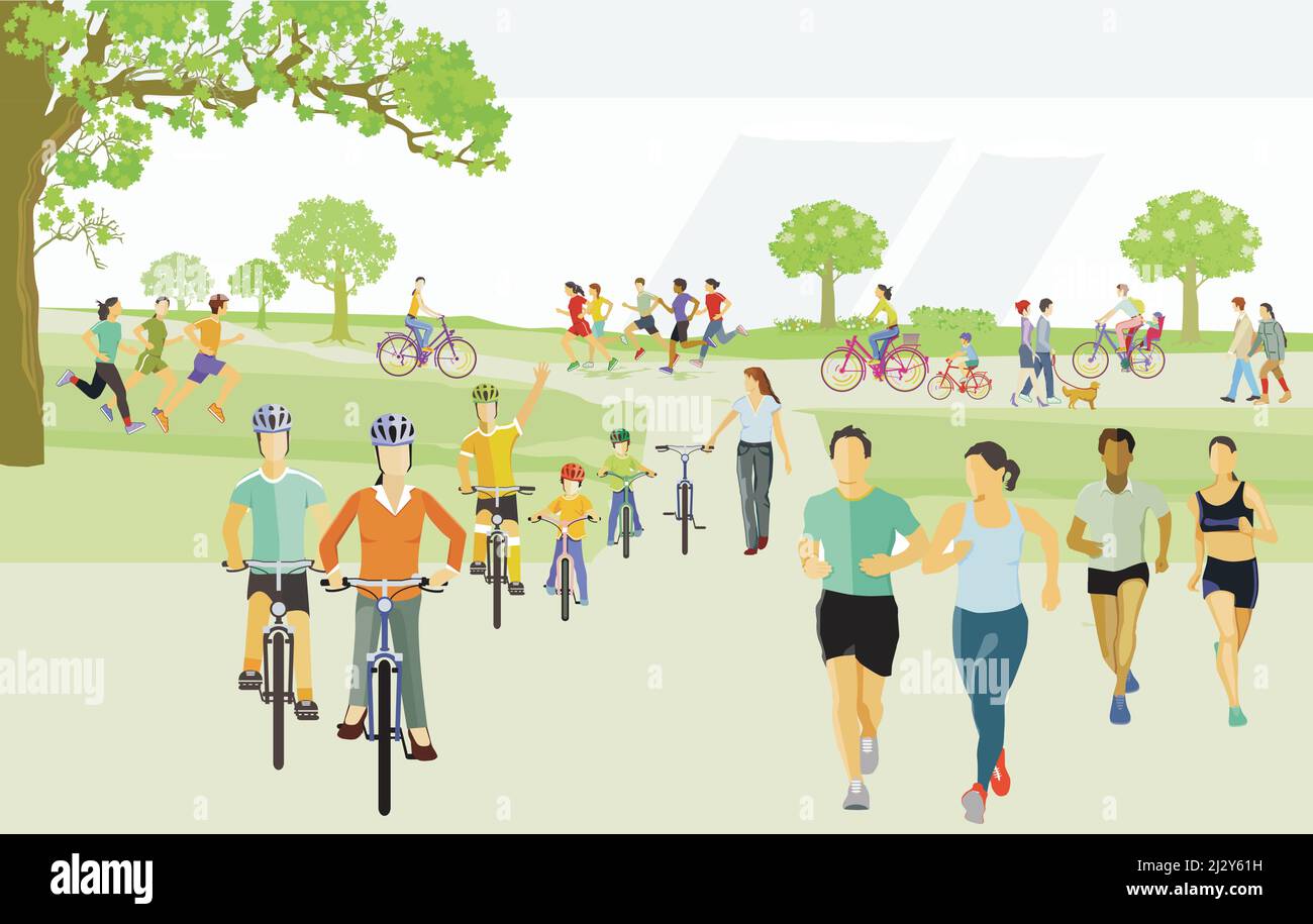 Sportler und Radfahrer in der Freizeit in der Natur, Illustration Stock Vektor