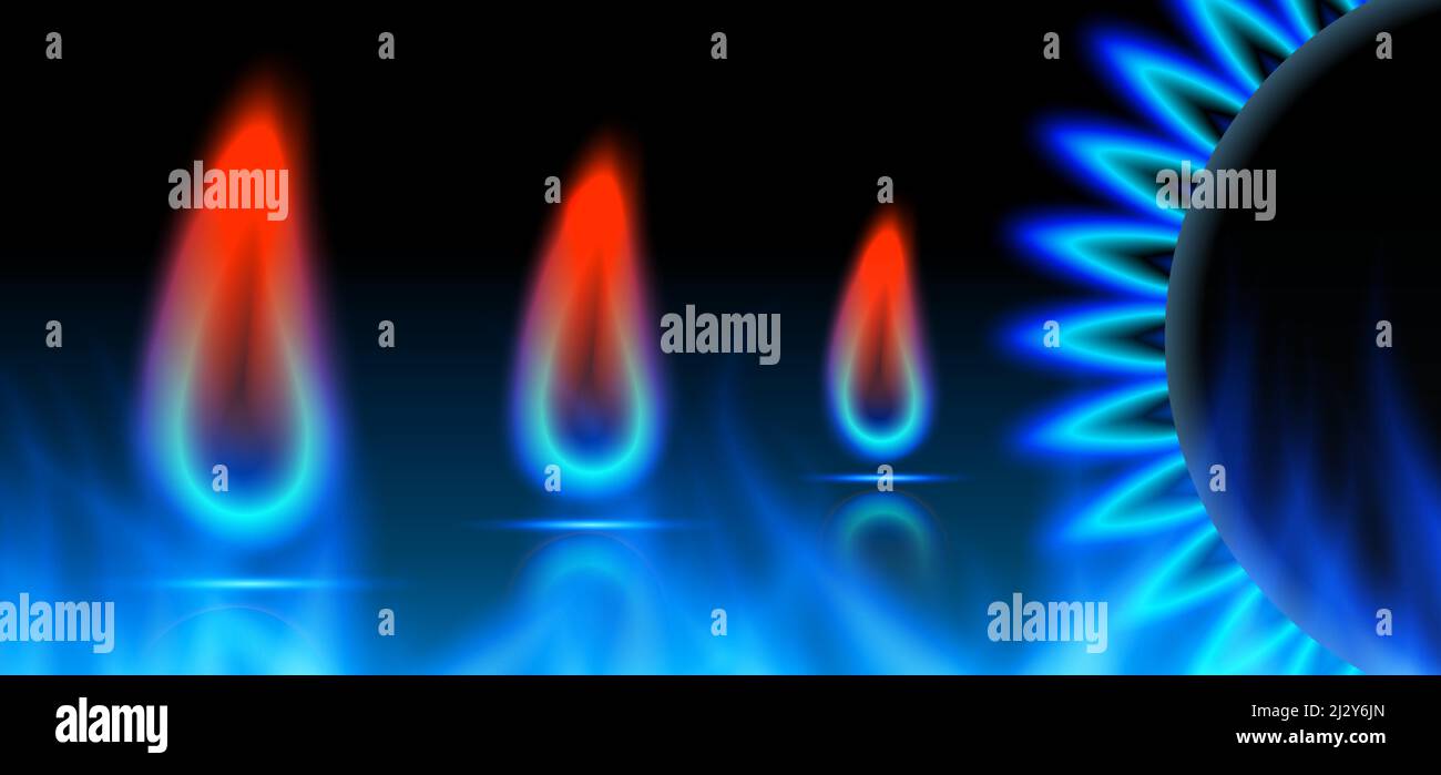 Gasfeuer mit Gasbrenner. Abstraktes Banner auf dunkelblauem Hintergrund. Neon-Illustration. Gasembargo, Krise und Sanktionen. Vektorgrafik. Stock Vektor