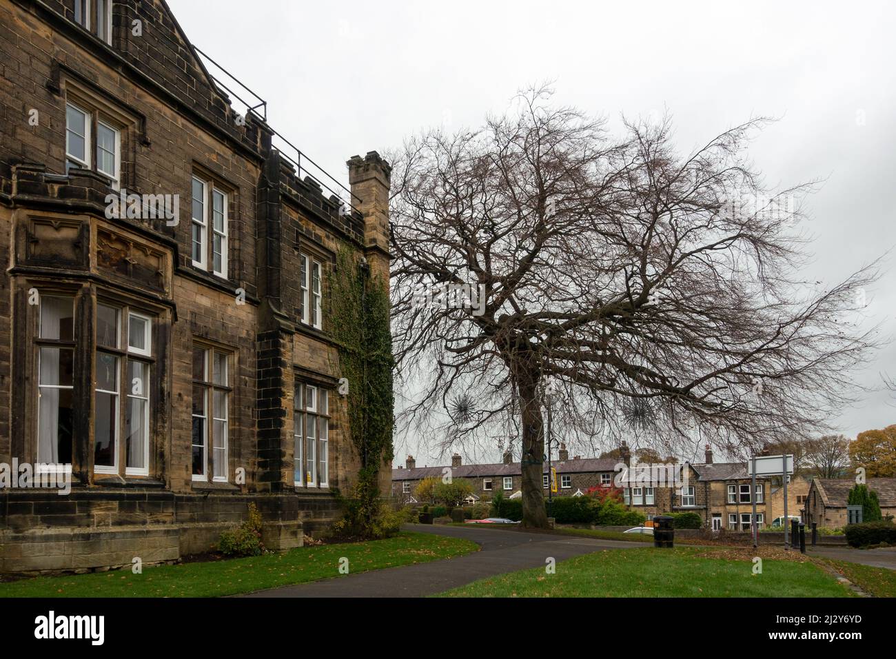 Burley-in-Wharfedale Dorfzentrum mit altem Yorkshire Steingebäude, The Grange, und einem reifen Baum. West Yorkshire, Großbritannien Stockfoto