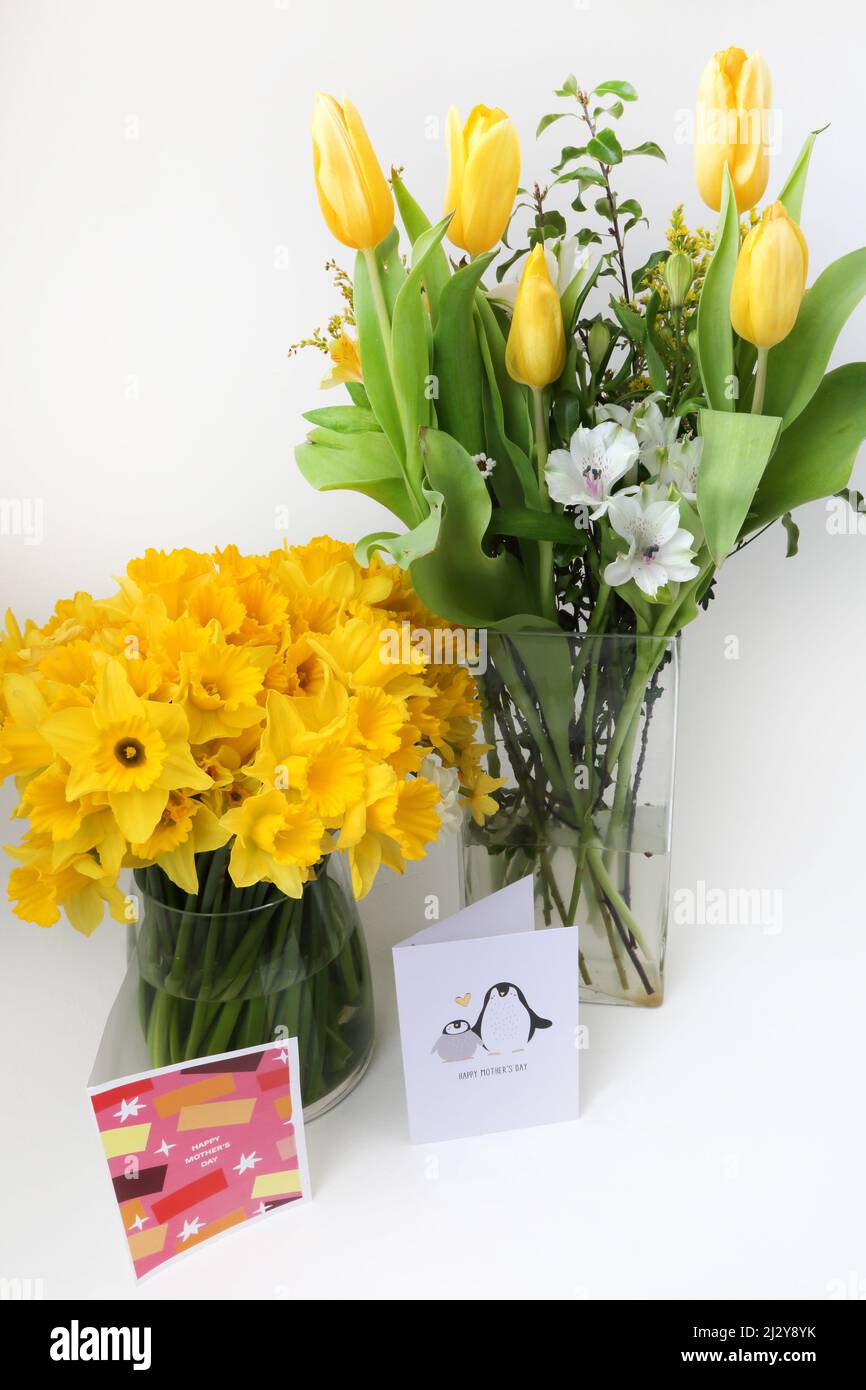 Blumenstrauß in Vase Geschenk zum Muttertag und Karten Stockfoto