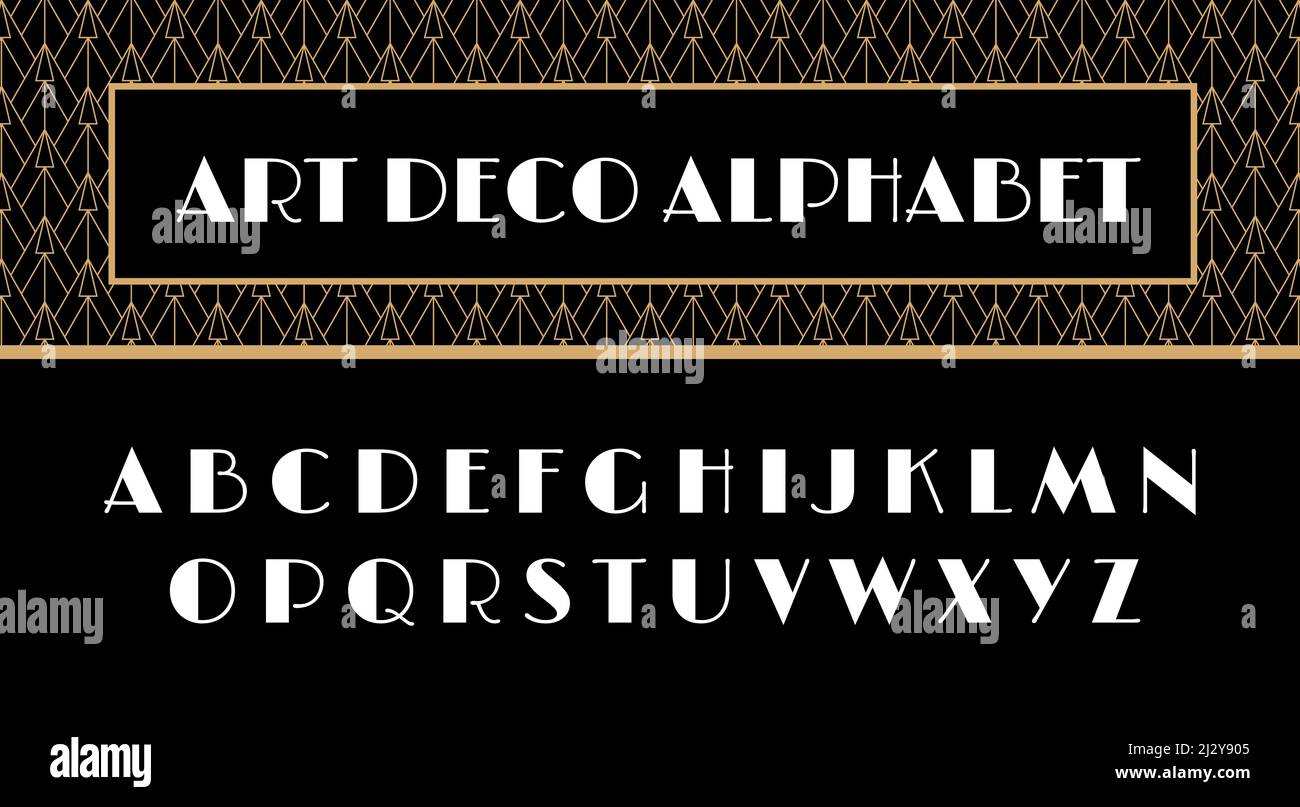 Art Déco-Alphabet. ABC Letters im Great Gatsby Stil. Schriftzug „Diesel Punk“. 20s, 30s, 40s, 50s ästhetisch. Vintage-Schrift für Flyer, Einladungen Stock Vektor