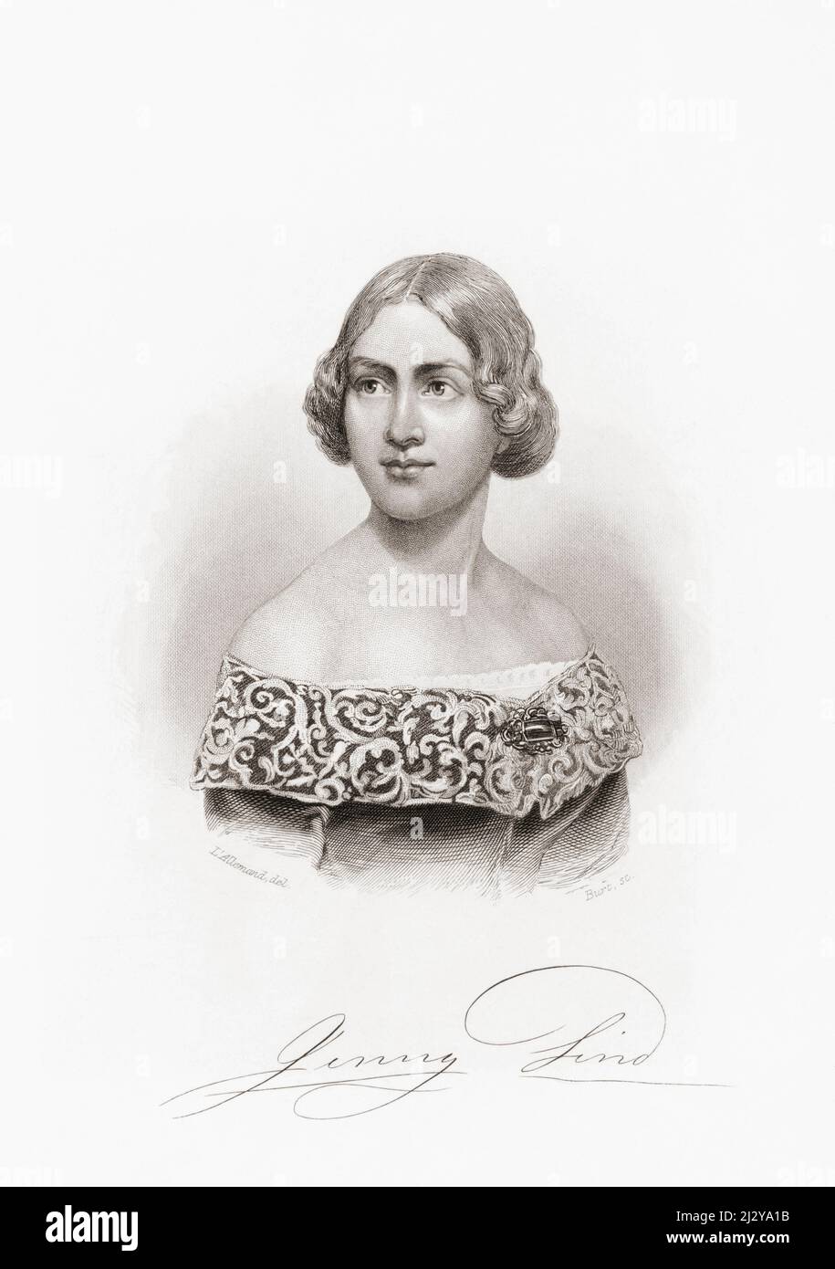 Jenny Lind, voller Name Johanna Maria Lind, 1820 - 1887. Die schwedische Opernsängerin, bekannt als die schwedische Nachtigall, war eine Sensation in ganz Europa und den Vereinigten Staaten. Nach einem Werk von L'Allemand aus dem 19.. Jahrhundert, gestochen von Burke. Stockfoto