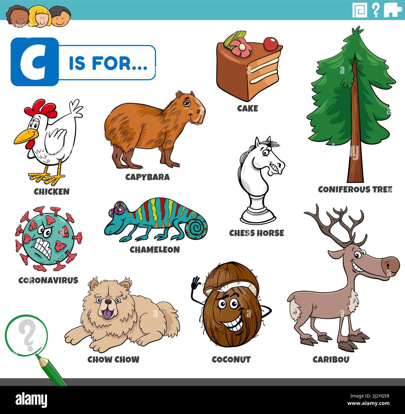 Pädagogische Cartoon-Illustration für Kinder mit Comic-Figuren und Objekte für den Buchstaben C gesetzt Stock Vektor