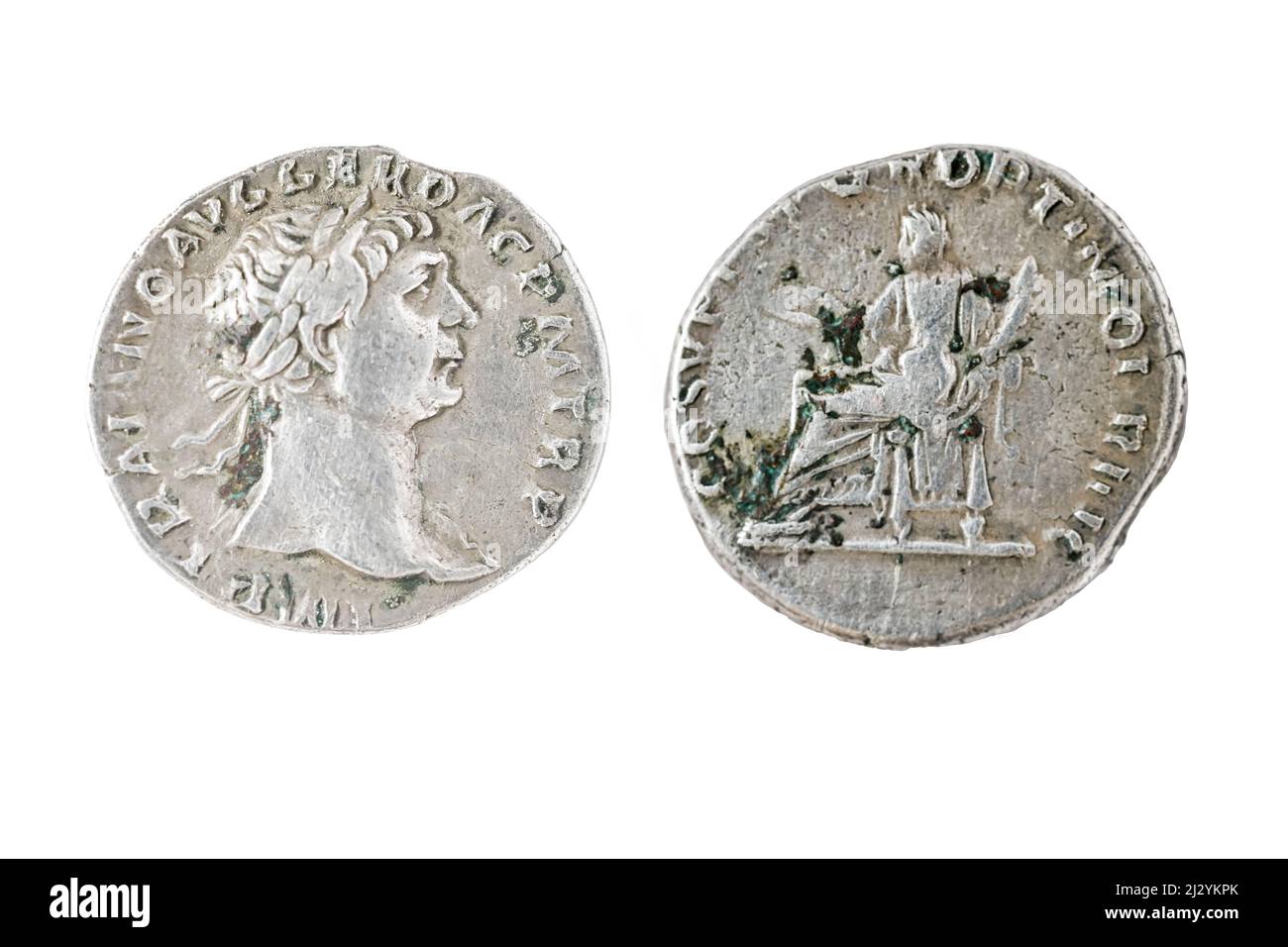 Römische Münze - Römischer Denar von Kaiser Trajan. Stockfoto