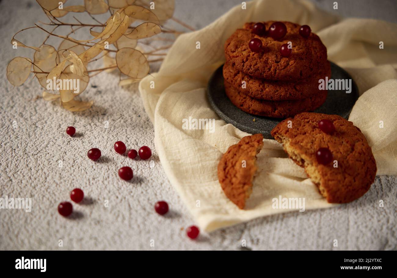 Mehrere Kekse auf einer Keramikplatte mit Preiselbeeren und getrockneten Blumen im Hintergrund Stockfoto