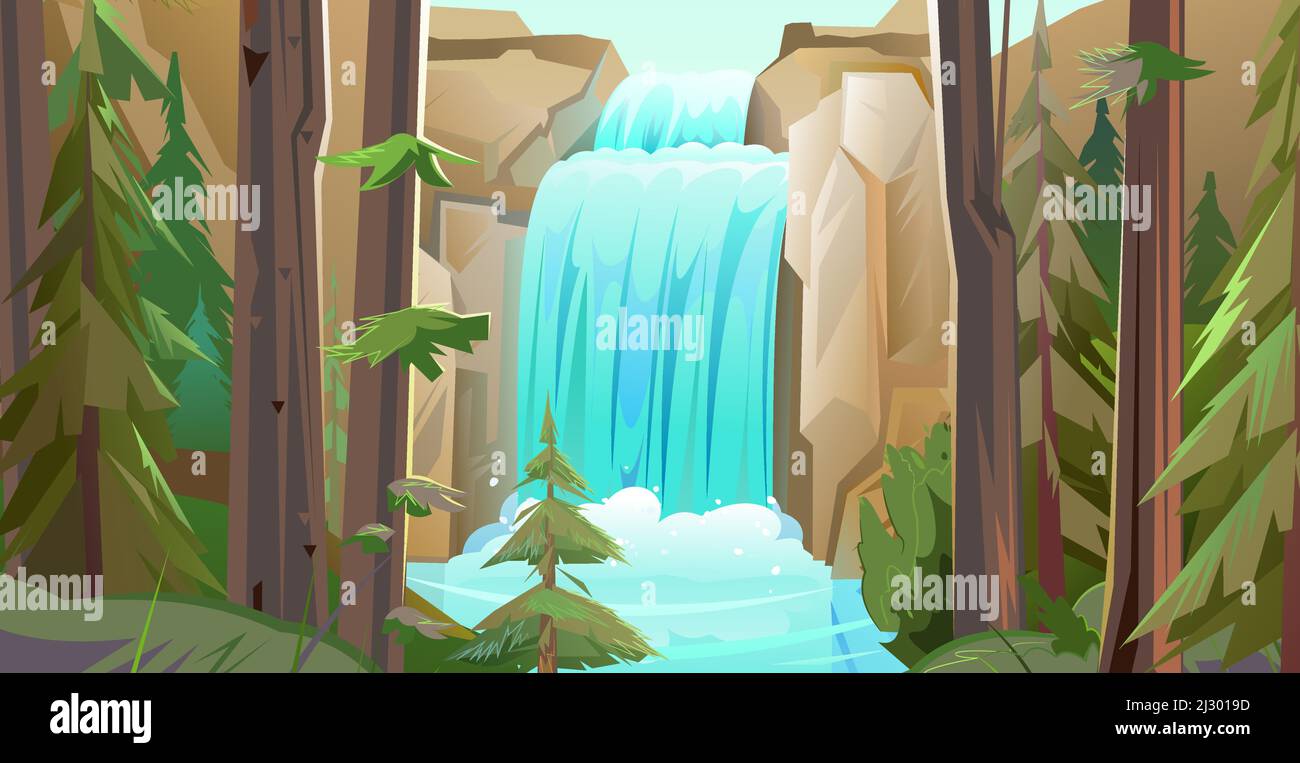 Sommerlandschaft mit Wasserfall zwischen Felsen. Kaskade schimmert nach unten. Fließendes Wasser. Schöner Cartoon-Stil. Nadelbäume. Flaches Design. Vektor Stock Vektor
