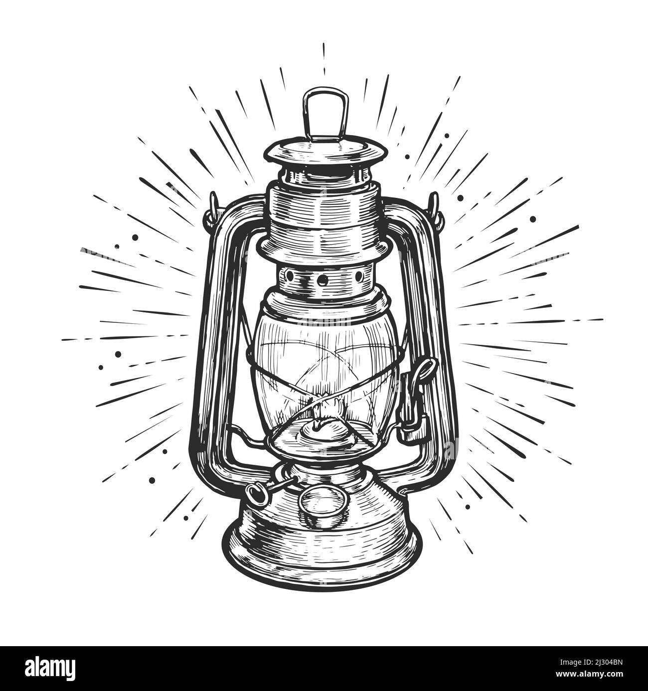 Öllaterne oder Petroleumlampe mit Lichtstrahlen. Handgezeichnete Skizze Vintage Vektor Illustration Stock Vektor