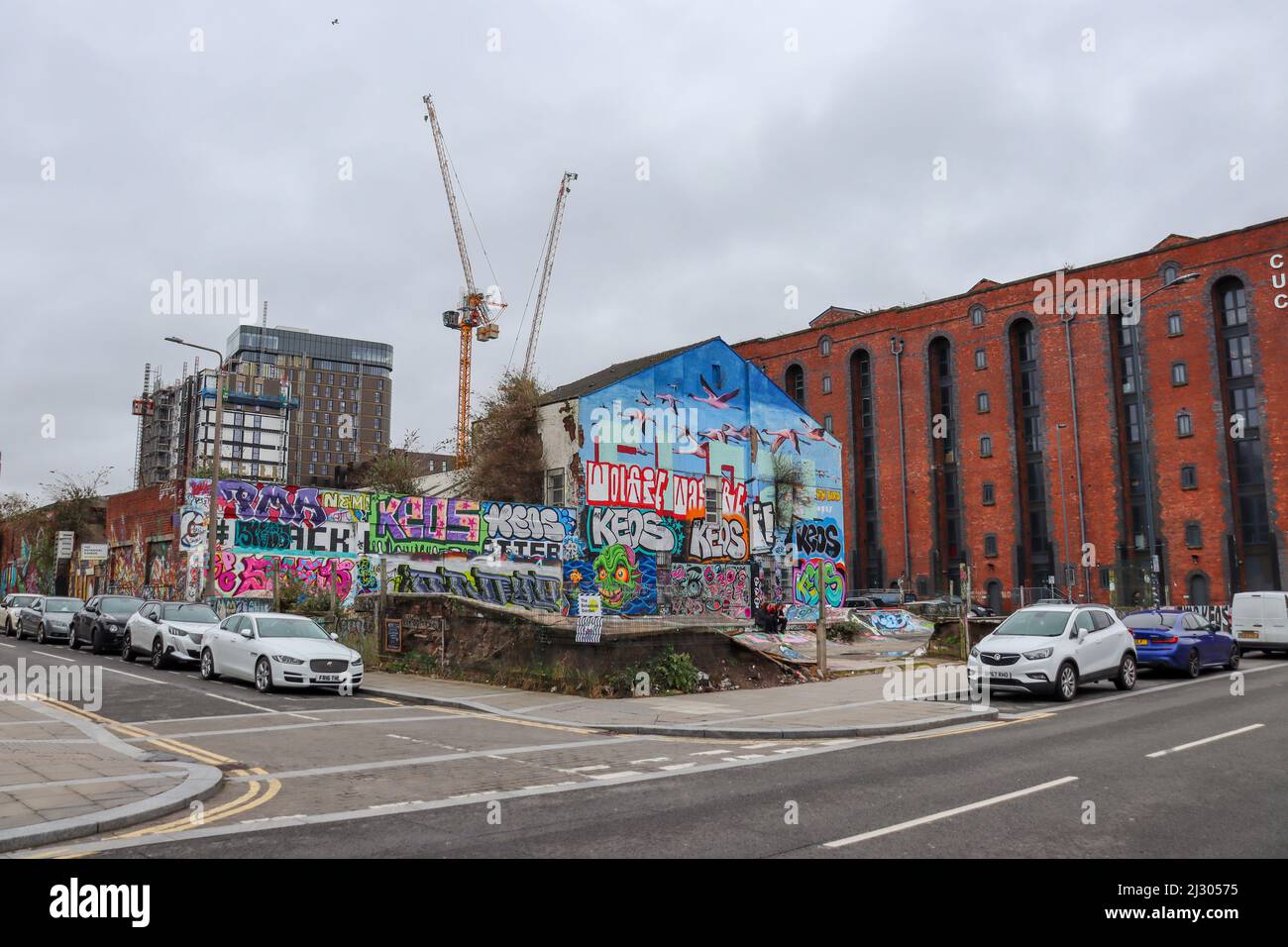 Skate Park, Baltic Triangle, Liverpool, Graffiti und Street Art Stockfoto