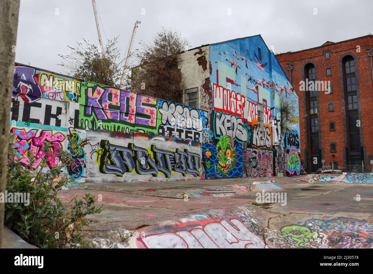 Skate Park, Baltic Triangle, Liverpool, Graffiti und Street Art Stockfoto