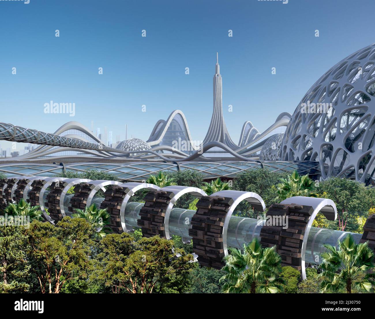 3D Illustration einer futuristischen grünen Stadtsilhouette mit organischer Architektur für Science-Fiction- oder Fantasy-Hintergründe. Stockfoto