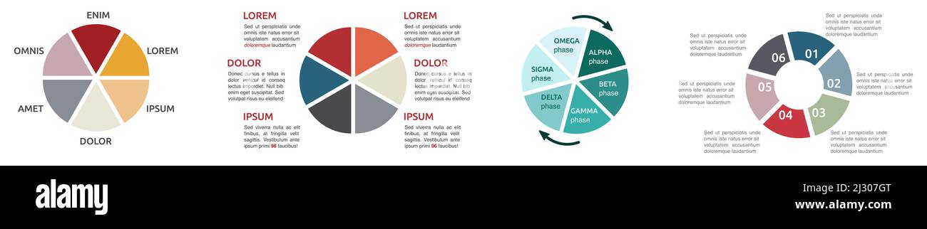 Kreis unterteilt in sechs gleiche Teile, verschiedene Versionen - Infografiken Element Stock Vektor