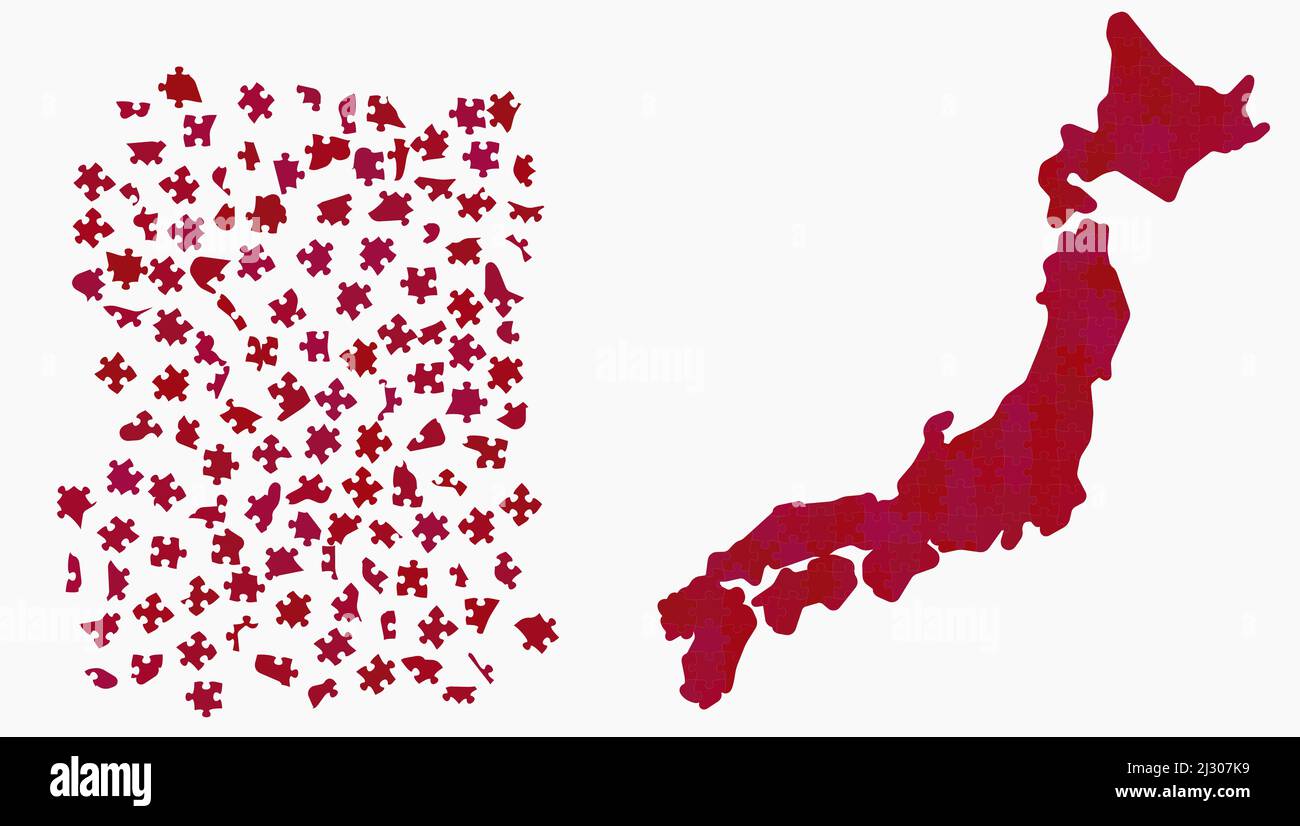 Japan-Karte aus verschiedenen Schattierungen rot - nationale Farbe - Puzzle-Stücke, 126 verstreute Blöcke und fertige Version Stock Vektor