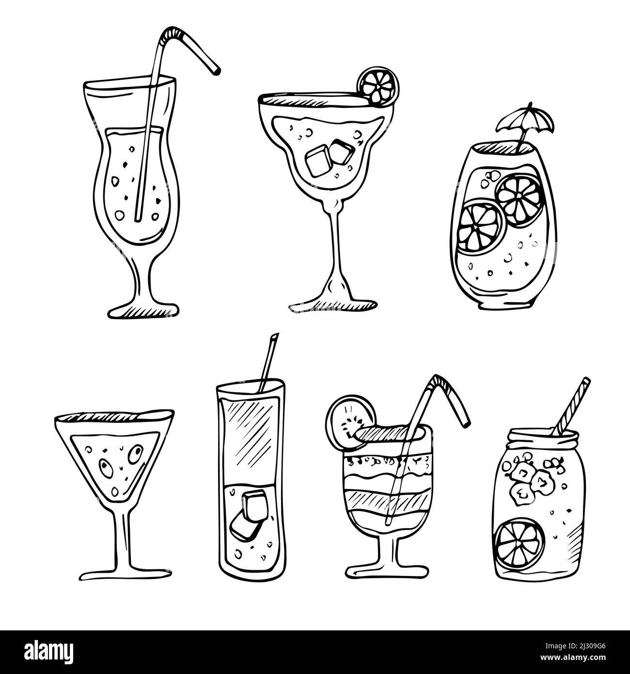 Vector Doodle Set von Cocktails und alkoholischen Getränken. Line tropischen Cocktails und Sommersaft Stock Vektor