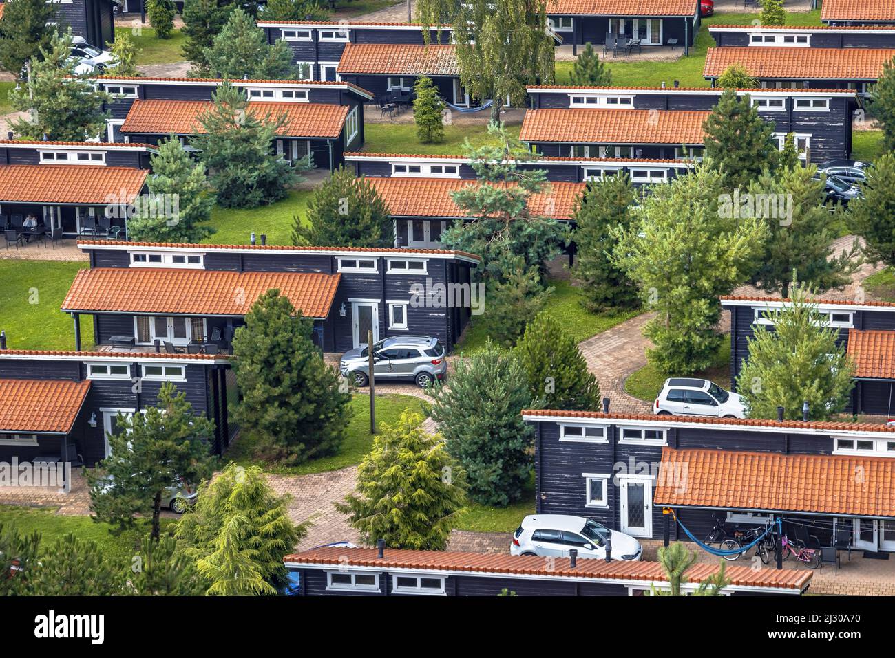 Ferienbungalow Park mit identischen Hütten in symmetrischer Reihenfolge in grüner Waldgegend. Holzchalets mit orangefarbenen Dachziegeln in Gras und Büschen. N Stockfoto