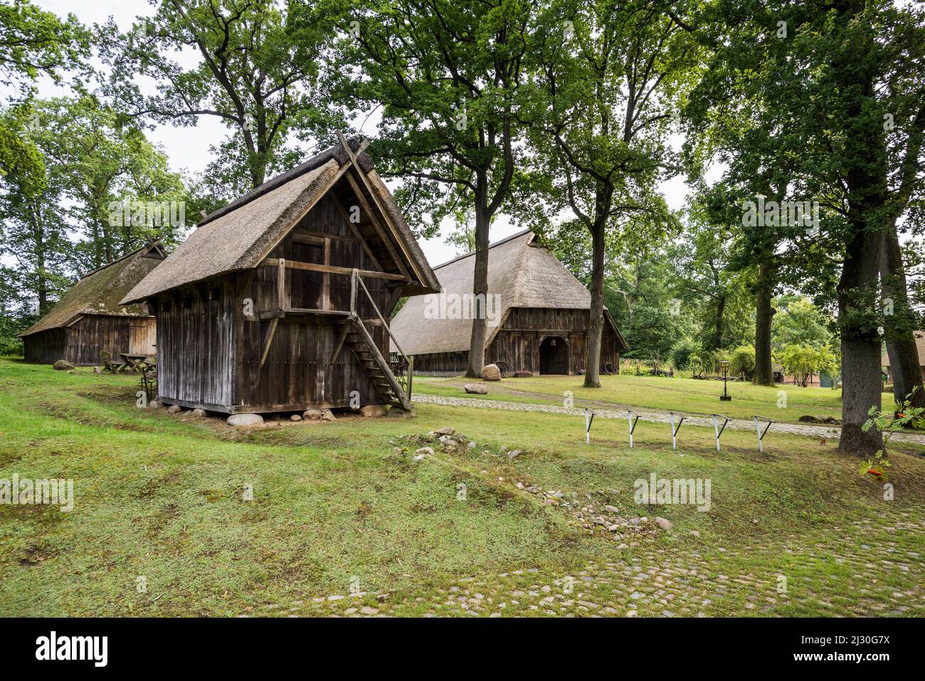 Reetgedeckten Bauernhof, Wilsede, Naturpark Lüneburger Heide, Niedersachsen, Deutschland Stockfoto