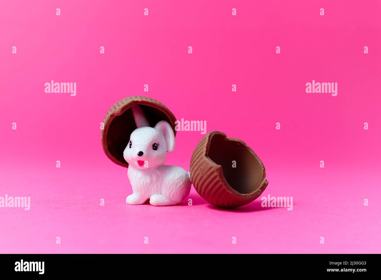 Weißer Osterhase schlüpfte aus Schokoladenei Stockfoto