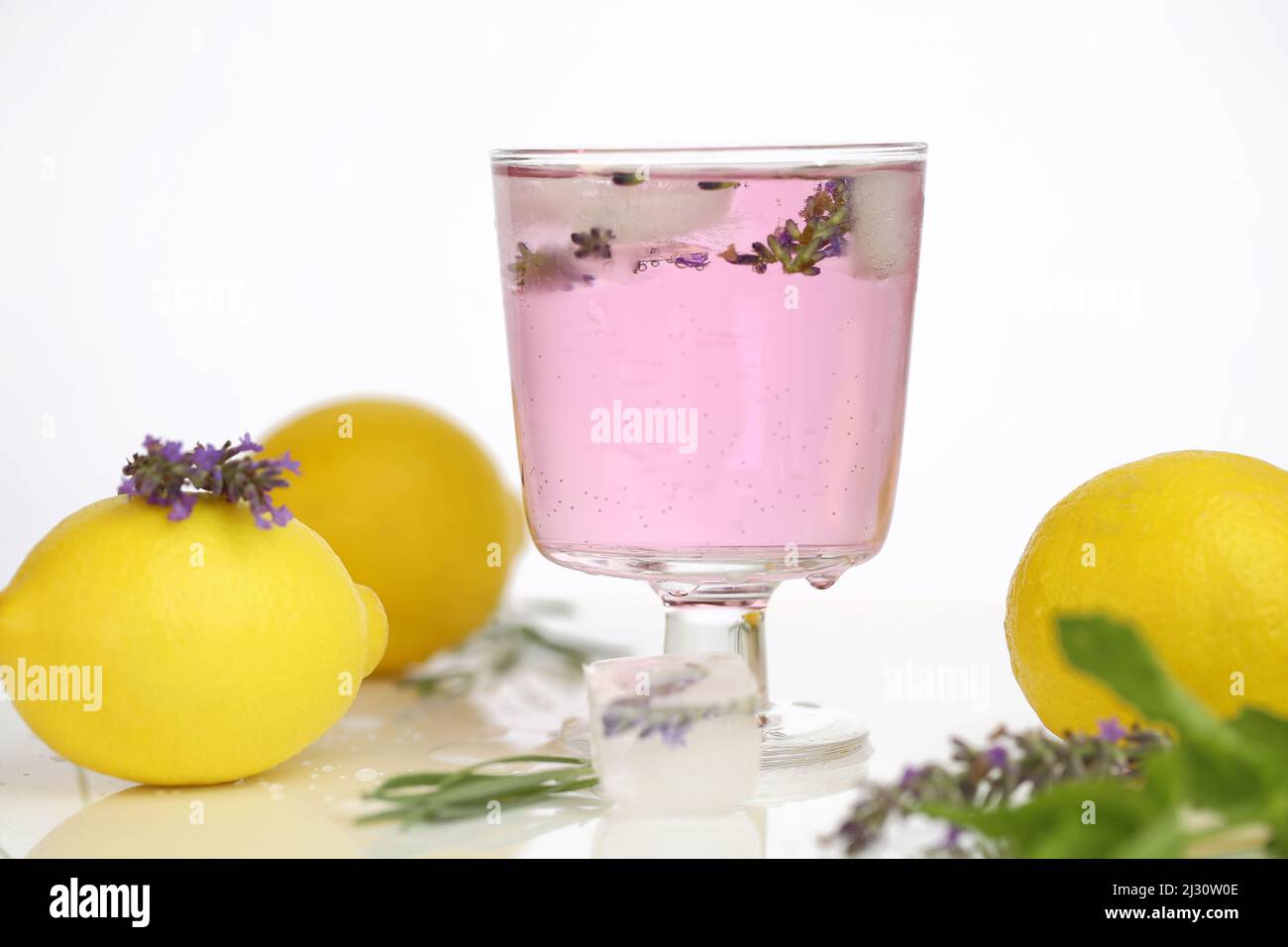 Lavendelcocktail in einem Cocktailglas.Sommergetränke. Lavendel-Zitronengetränk. Cocktail, Eis, Zitronen und Lavendelblüten. Erfrischender Cocktail Stockfoto