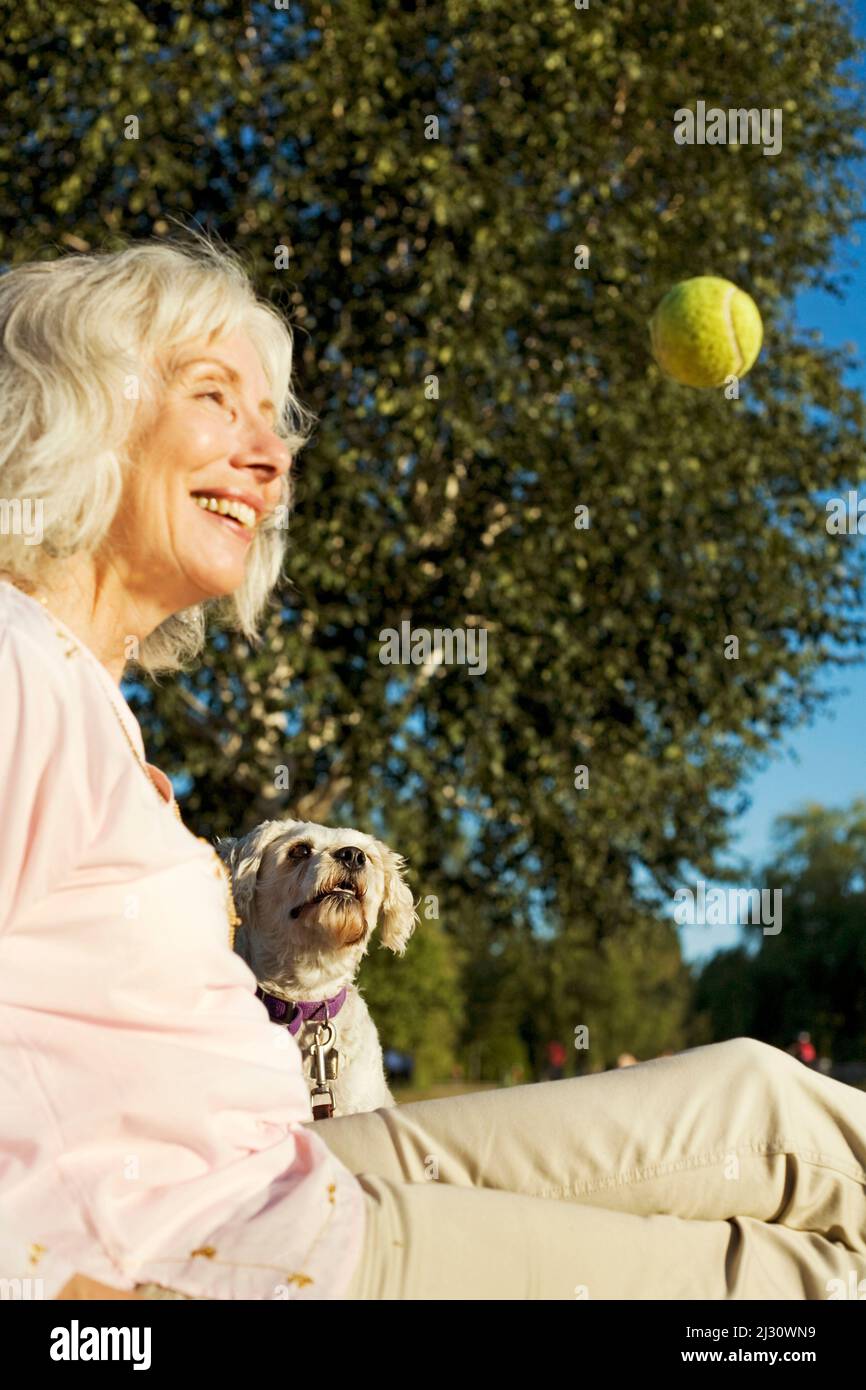 Ältere Frau mit ihrem älteren Cockapoo-Hund Stockfoto