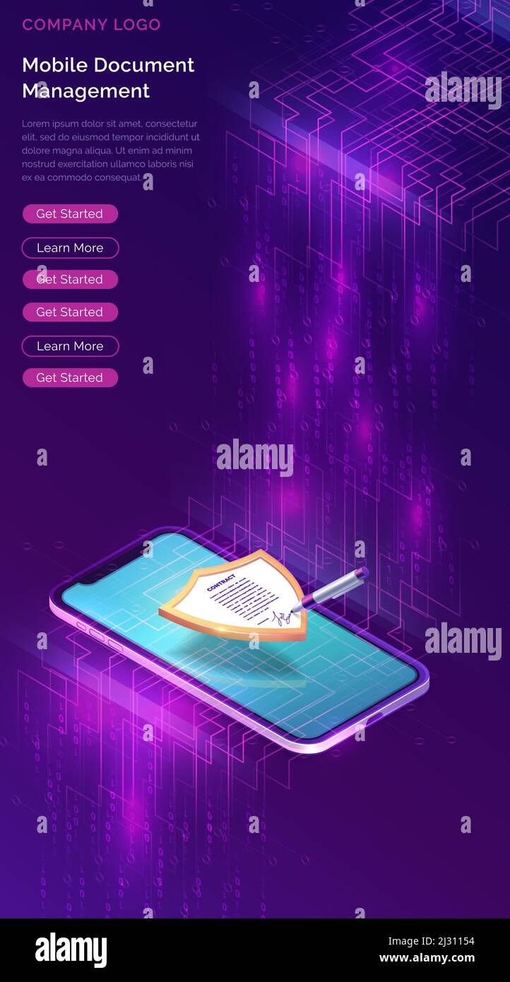 Mobile Document Manager oder e-Signatur Business Concept Vektor isometrische Illustration. Online-Vertragsunterzeichnung auf digitalem Smartphone-Bildschirm mit Shiel Stock Vektor