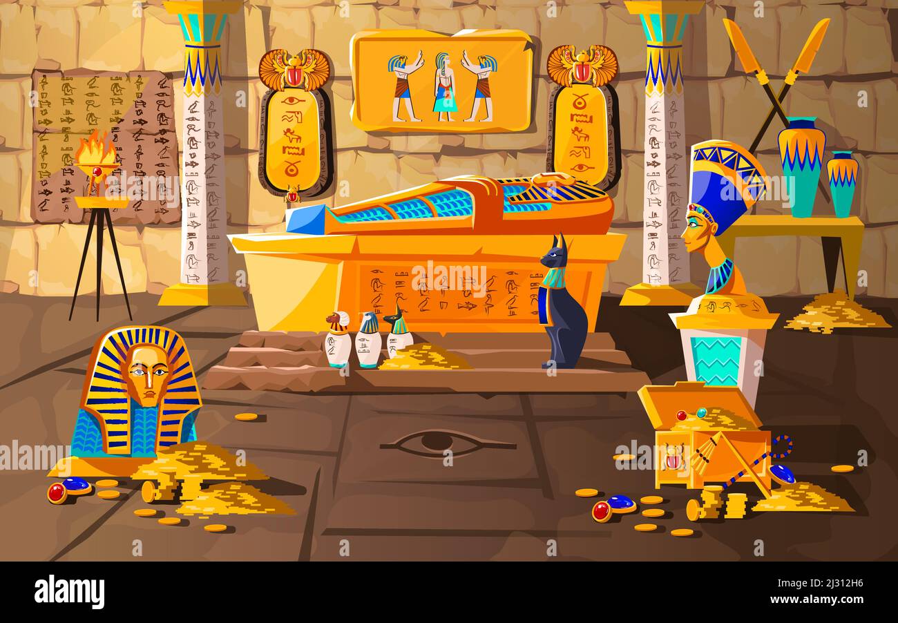 Alte Ägypten Grab des pharao Cartoons Vektor-Illustration. Ägyptische Pyramideninterieur mit goldenem Sarkophag, Hieroglyphen und Wandbild, Skarabäen, Stock Vektor