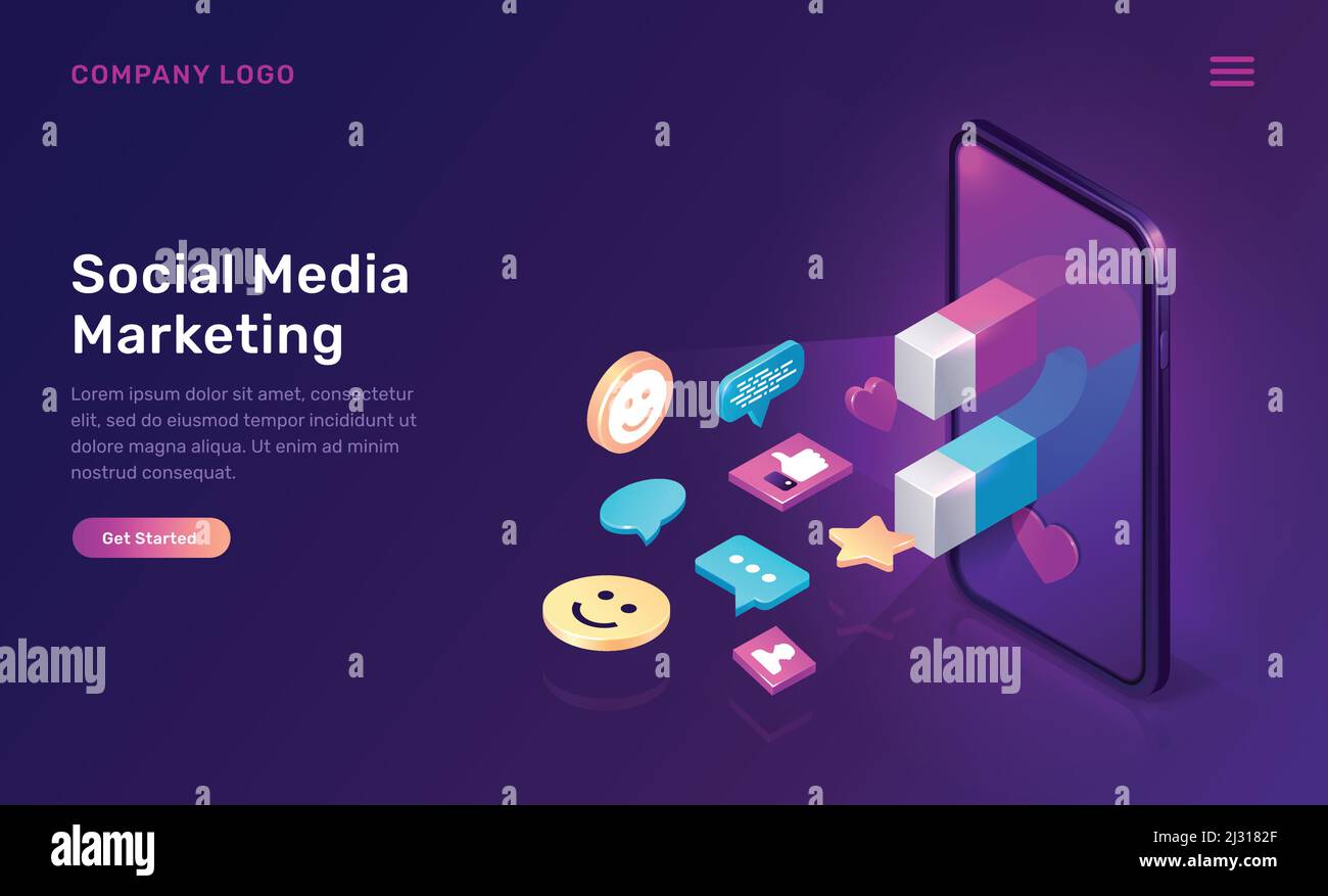 Social Media Marketing, virale mms, Vektor isometrisches Konzept. 3D-Handy-Bildschirm  mit großem Magneten zieht Social-Media-Inhalte Symbole, wie und  Stock-Vektorgrafik - Alamy