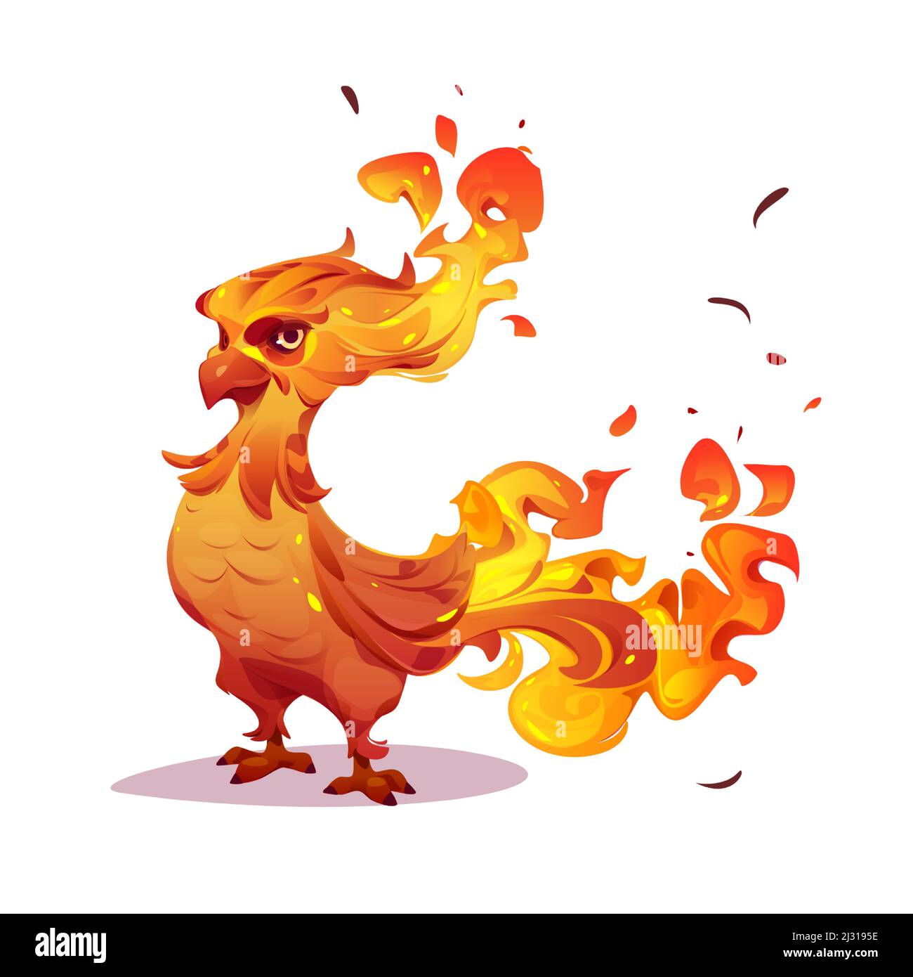 Schöner phoenix, firebird Charakter mit orange brennenden Federn. Vektor-Cartoon-Illustration von Märchen fenix, Mythologie magischen Vogel mit Feuer isoliert auf weißem Hintergrund Stock Vektor