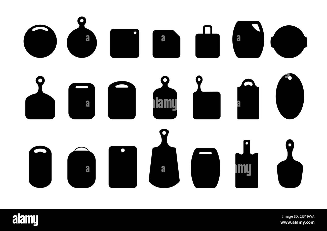 Satz schwarze Schneidbretter. Küchengeräte in verschiedenen Formen. Draufsicht. Vektor-Illustration im flachen Cartoon-Stil Stock Vektor