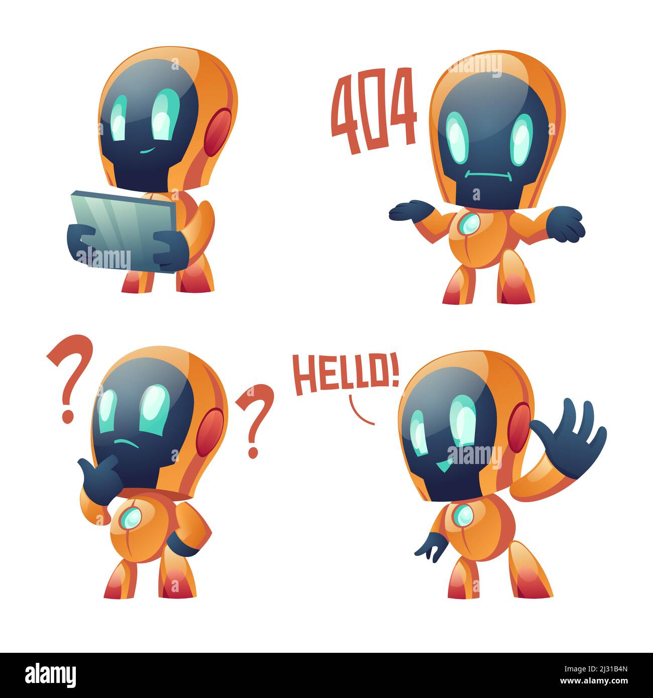Cute Chat bot Cartoon Vektor-Set Illustration. Gelb lustig intelligente Gespräch Roboter, Assistent machen Hand Geste winken hallo, 404 Fehlermeldung und Stock Vektor