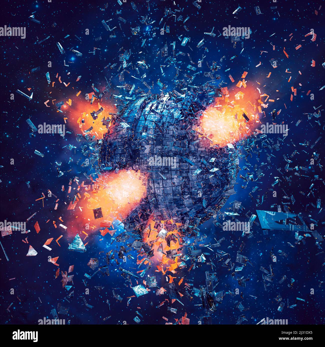 Katastrophales Ereignis - 3D Illustration der explodierenden künstlichen Mondstation Stockfoto