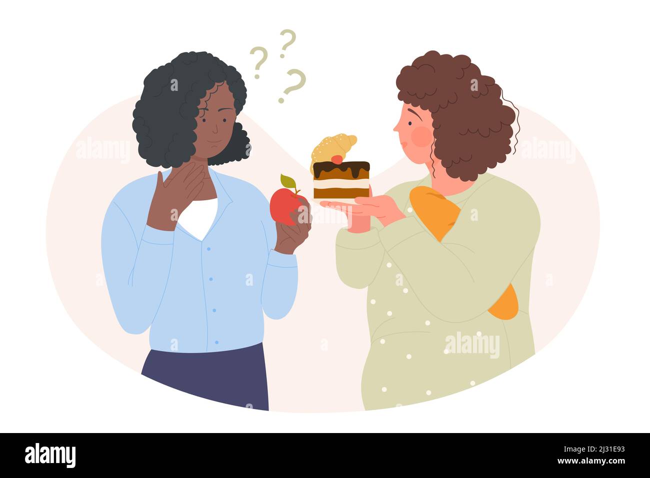 Zwei Frauen mit unterschiedlichen Lebensmitteln. Ausgewogene Ernährung und ungesunde Ernährung Cartoon-Vektor-Illustration Stock Vektor