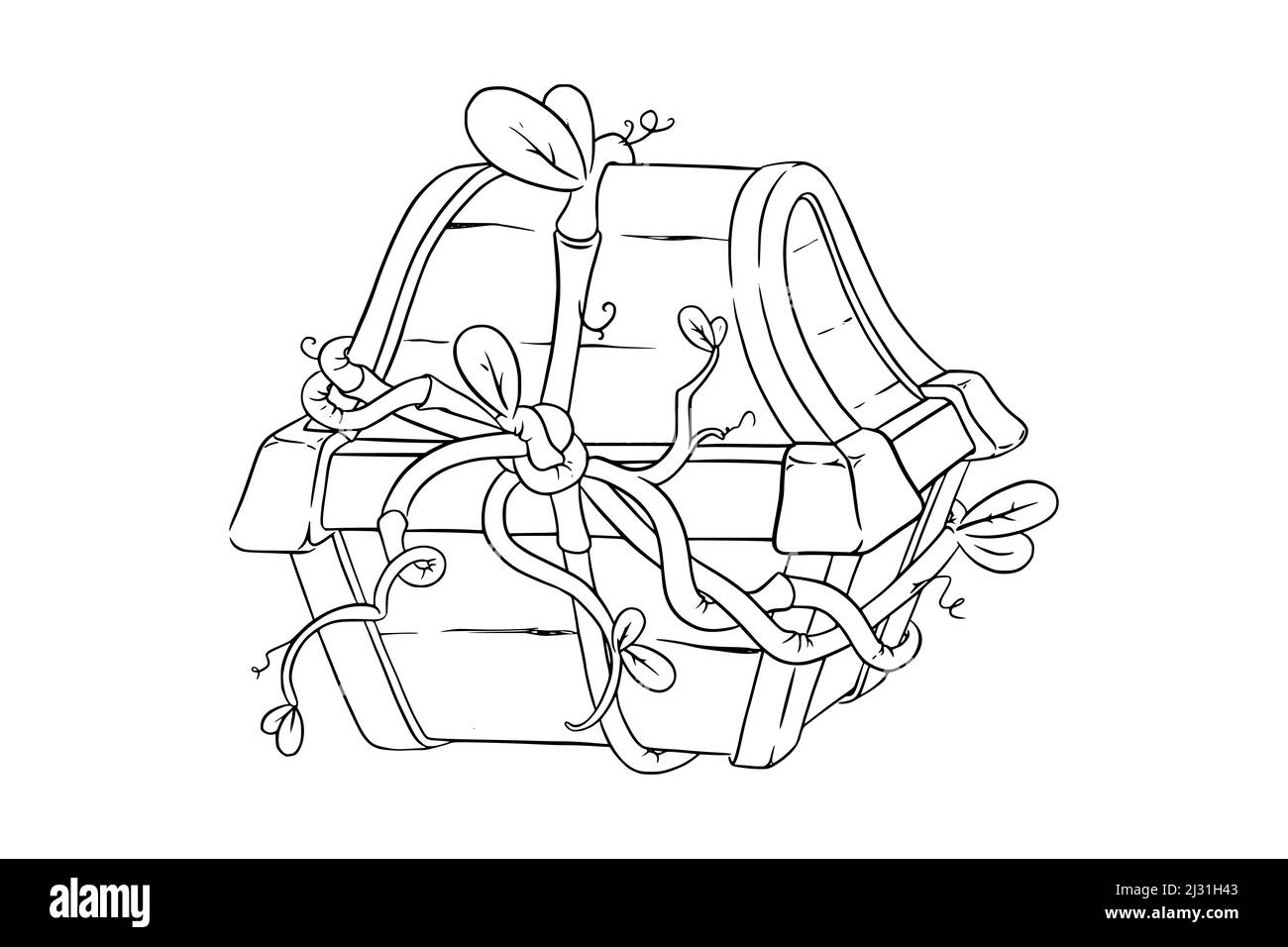 Holzkiste für Spiele. Skizze der Schatzkiste mit Liane bedeckt. Vektorgrafik isoliert auf weißem Hintergrund Stock Vektor