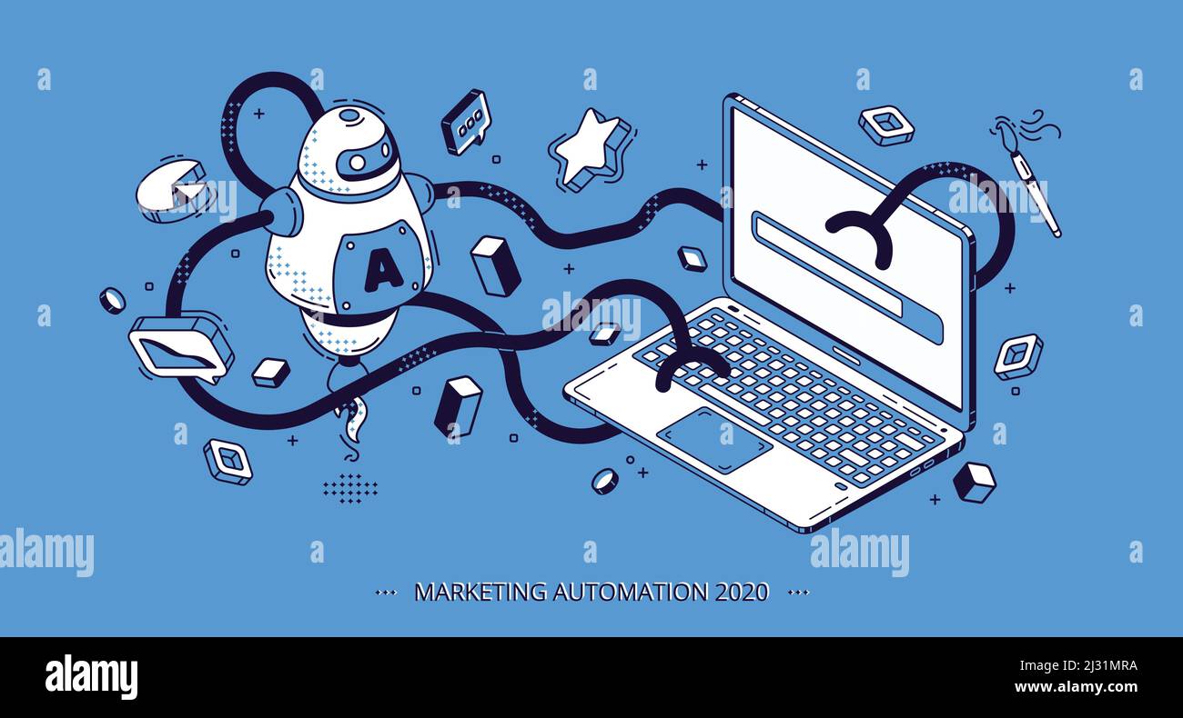 Marketing Automation 2020 isometrisches Banner. Technologie für SEO, Internet, digitale Business-Inhalte. Octopus Roboter mit vielen Händen arbeiten Workflow pro Stock Vektor
