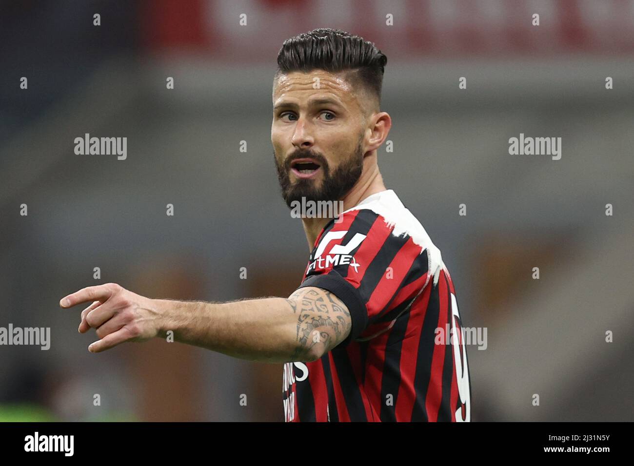 San Siro Stadium, Mailand, Italien, 04. April 2022, Olivier Giroud (AC Mailand) Gesten während AC Mailand gegen Bologna FC - italienische Fußball Serie A Spiel Stockfoto